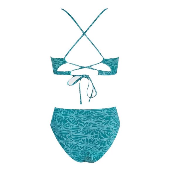 Cupshe Women’s Small Blue Jacquard Bikini Set Scallop V-Neck High Waist Lace-Up - Picture 4 of 8